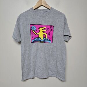 Keith Haring T-Shirt Adult‎ Medium Gray Art DJ Dog Cartoon Graphic Short Sleeve